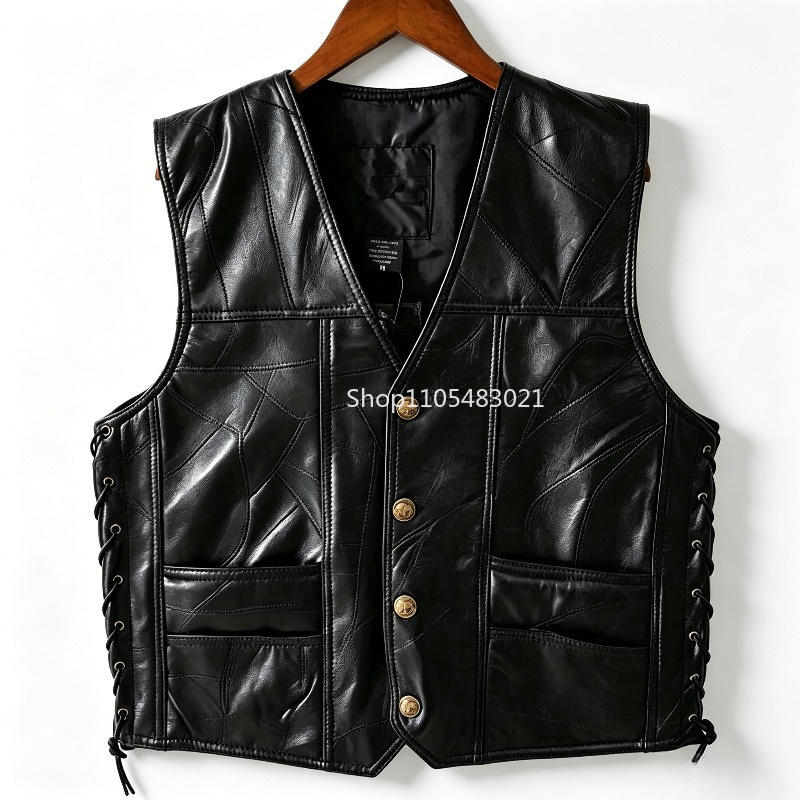 Motorcycle Gear Jacket - Men's Black Patchwork Leather Biker Vest,